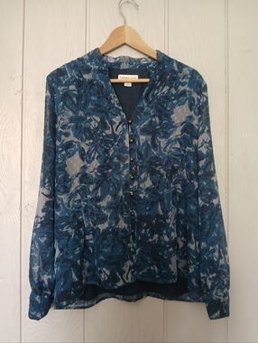Coldwater Creek Blue Floral Button-Front Blouse Size Large
